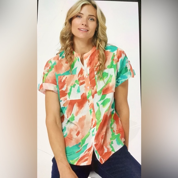 NYDJ Tops - NYDJ BLOUSE Sz 1X WOMENS MULTICOLOR  V-NECK SHORT SLEEVE PLEATED BACK